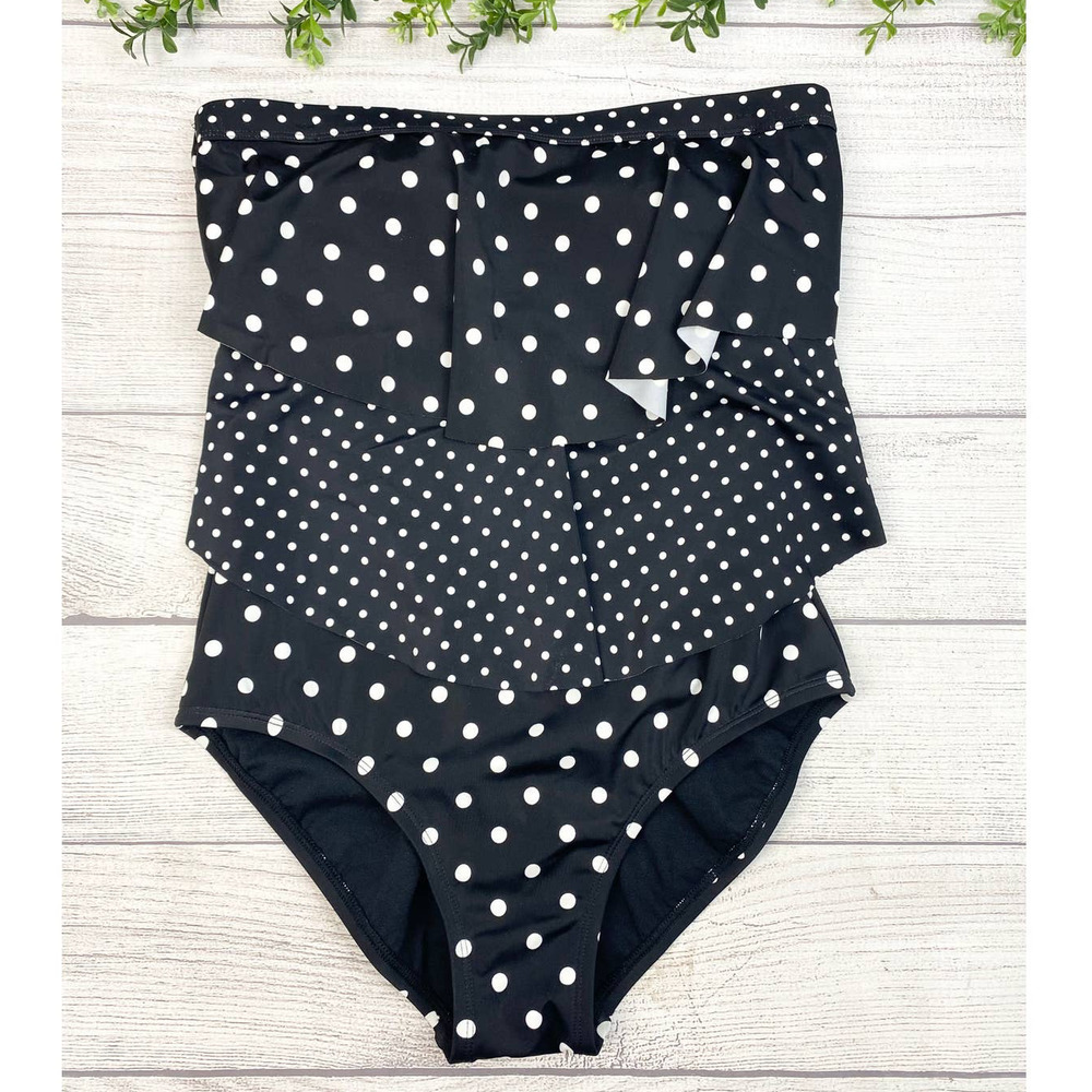 NEW Bandeau One Piece Strapless Layered Polkadot Ruffle Flounce Bathing Suit 8